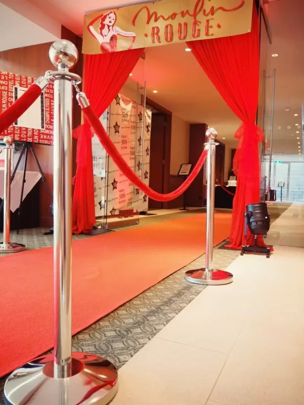 silver chrome bollard with red velvet rope