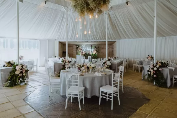 White tiffany chairs with white cushions