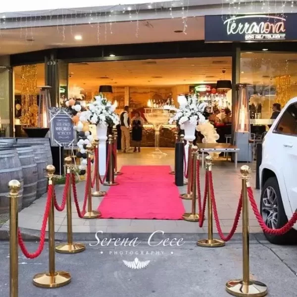 gold bollard with red velvet rope