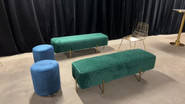 green ottoman bench hire and blue velvet stool