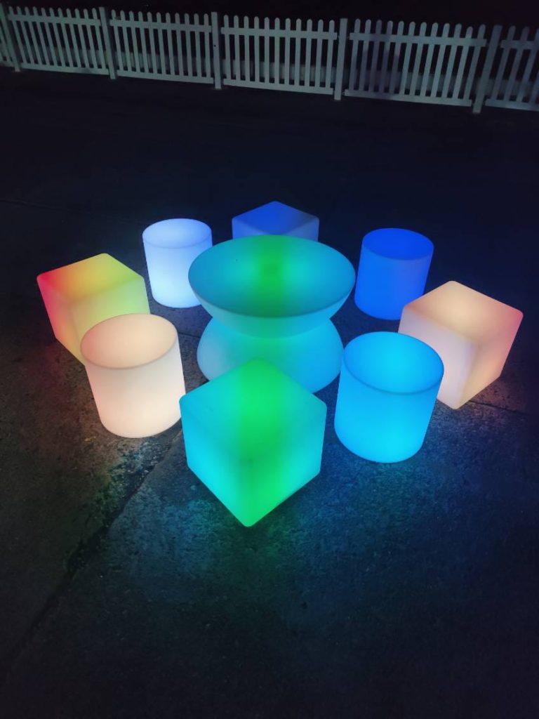 glow furniture hire- glow cube, glow cylinder, glow coffee table