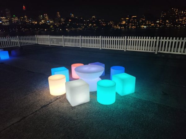 glow furniture hire- glow cube, glow cylinder, glow coffee table