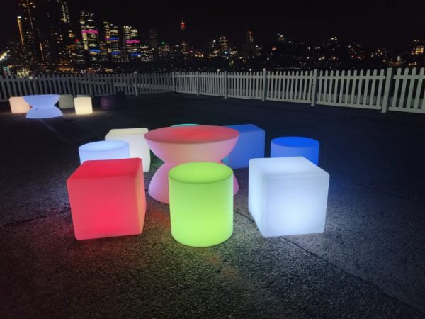 glow furniture hire- glow cube, glow cylinder, glow coffee table