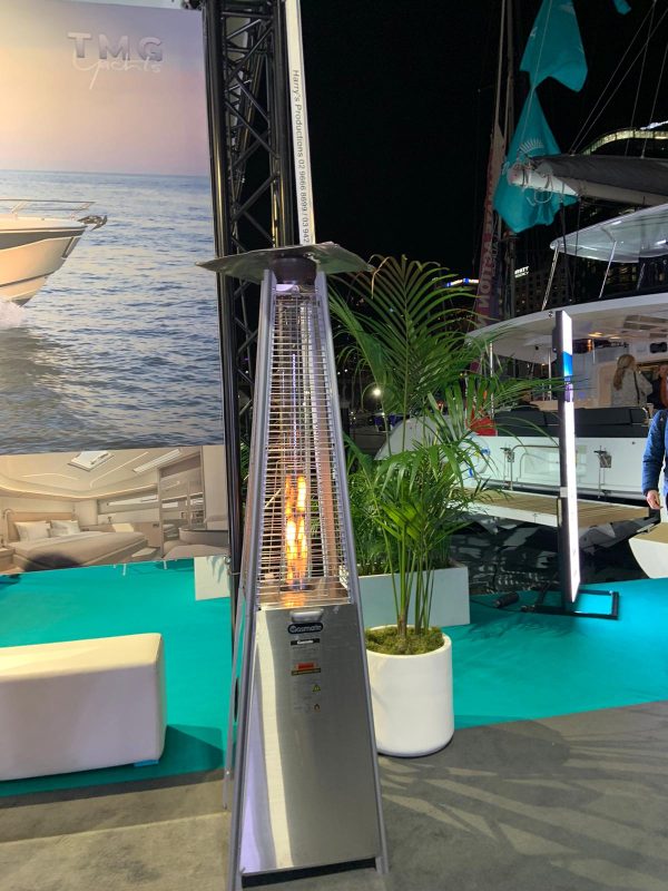 outdoor pyramid heater at a boat show