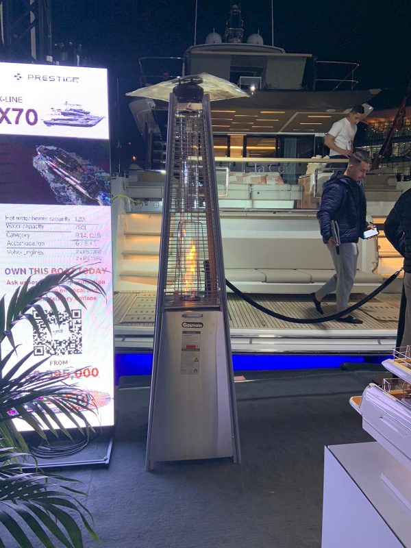 outdoor pyramid heater at a boat show