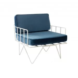 White Wire Armchair with Navy Blue Cushions