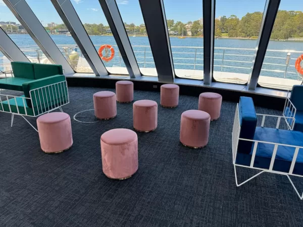 pink velvet ottoman stool hire on a boat