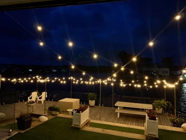 evening event with festoon lights shining