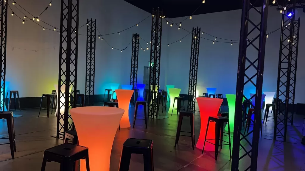 venue setup with glow cocktails and stools